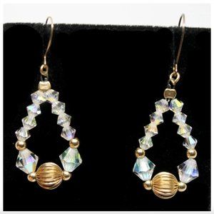 Vintage VTG AB Crystal Glass Bead & Gold Bead Teardrop Ear Hook Dangle Earrings